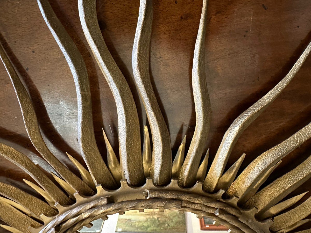 Large Golden Metal Sun Mirror Circa 1950-photo-4