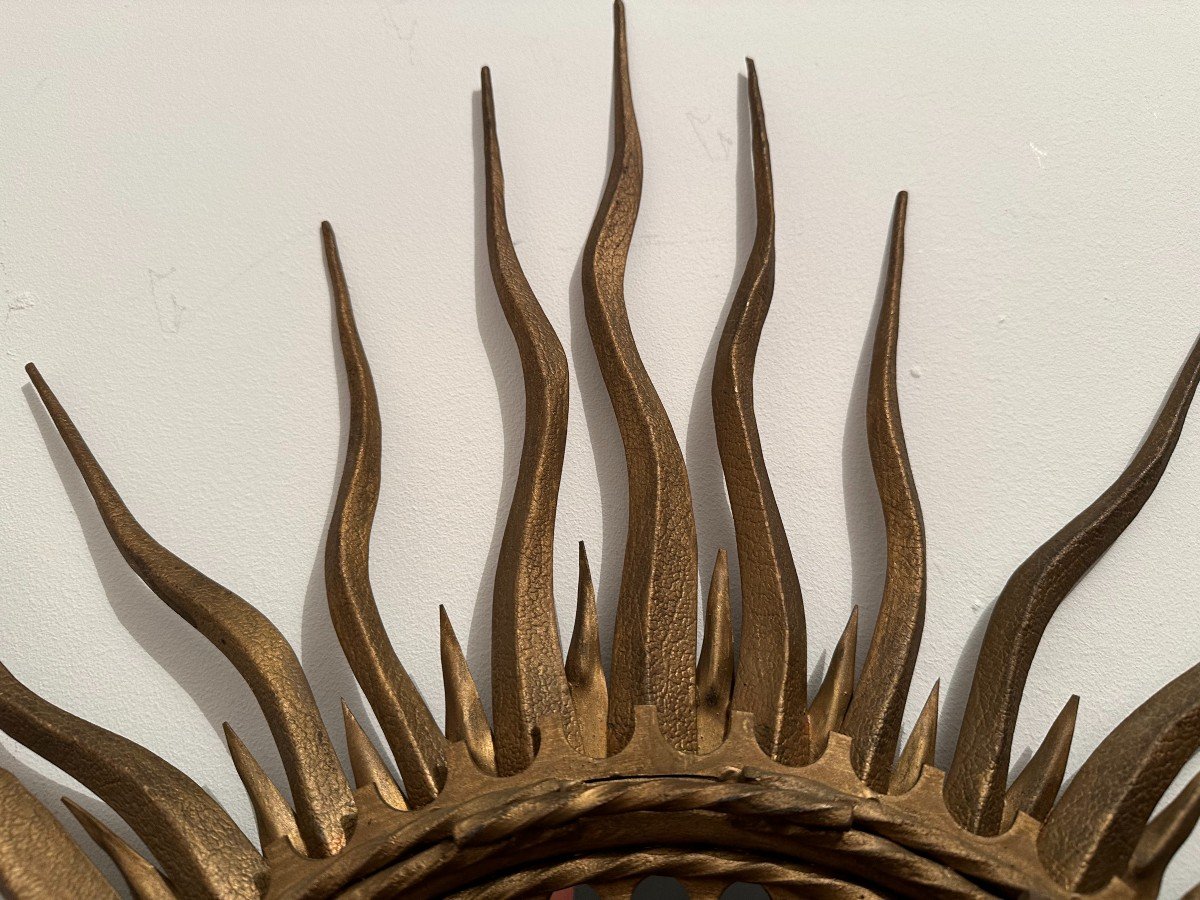 Large Golden Metal Sun Mirror Circa 1950-photo-4