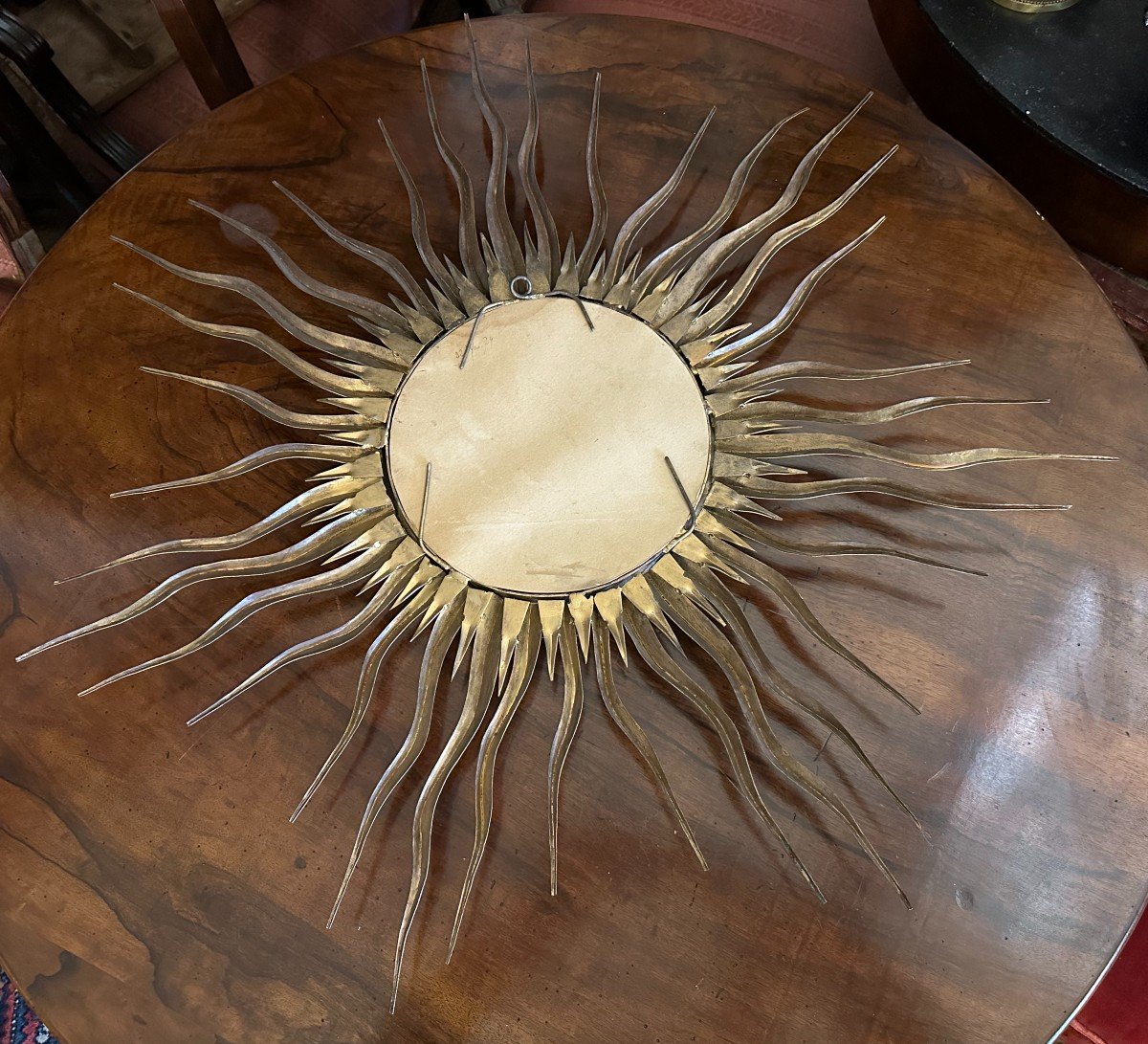 Large Golden Metal Sun Mirror Circa 1950-photo-8