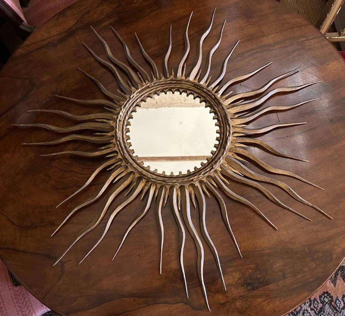 Large Golden Metal Sun Mirror Circa 1950