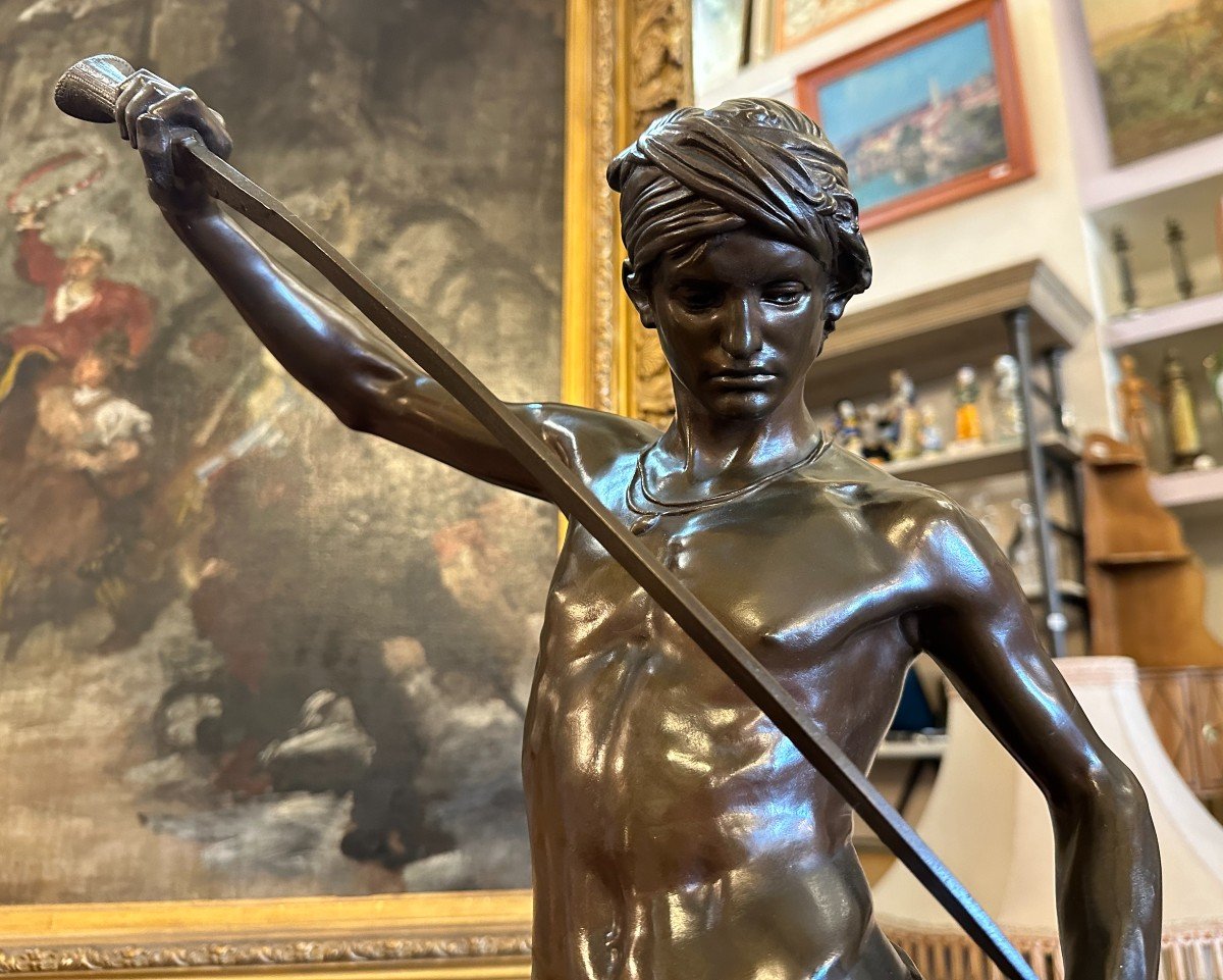 Grand Bronze David Vainqueur De Goliath Par Antonin  Mercié Barbedienne Fondeur 74,5 cm-photo-2