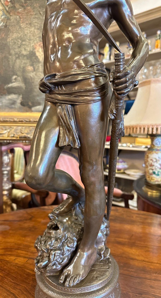 Grand Bronze David Vainqueur De Goliath Par Antonin  Mercié Barbedienne Fondeur 74,5 cm-photo-3