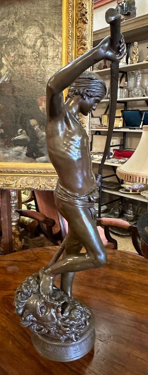 Grand Bronze David Vainqueur De Goliath Par Antonin  Mercié Barbedienne Fondeur 74,5 cm-photo-3