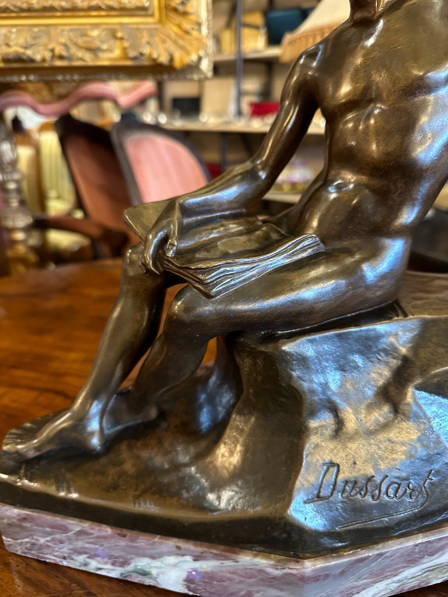 Bronze Jeune Homme Nu Lisant Par Gustave Dussart -photo-3