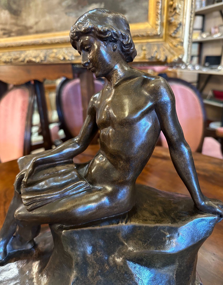 Bronze Jeune Homme Nu Lisant Par Gustave Dussart -photo-7