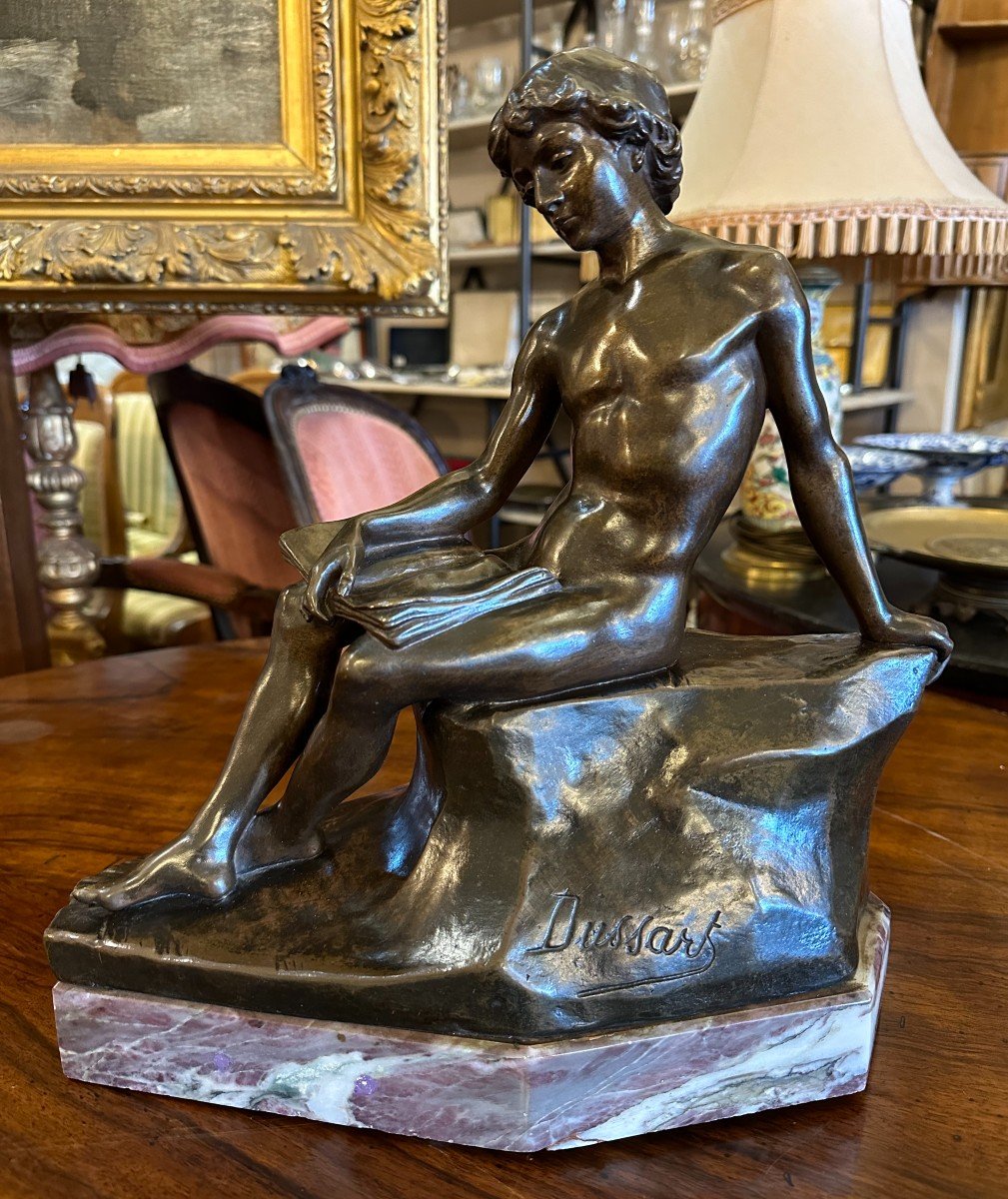 Bronze Jeune Homme Nu Lisant Par Gustave Dussart 