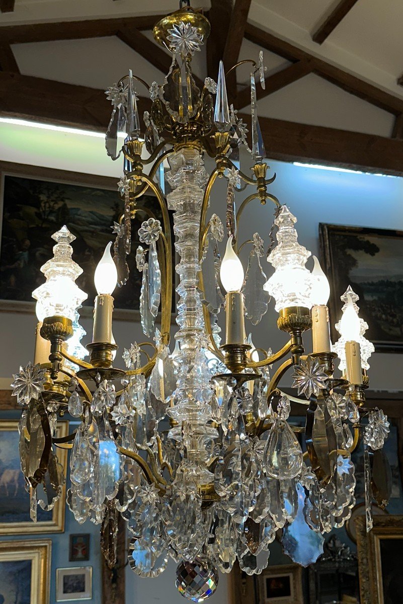 Lustre Cage En Bronze Doré Et Cristal à 15 Lumières début XXème