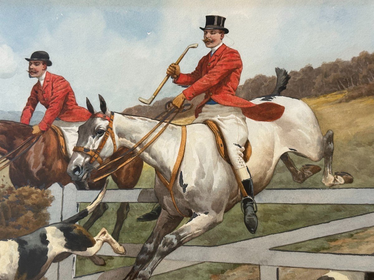 Watercolor Hunting Scene Le Saut De La Haye By Charles Fernand De Condamy-photo-3