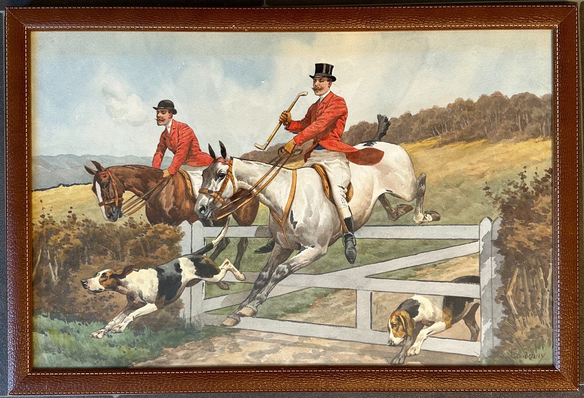 Watercolor Hunting Scene Le Saut De La Haye By Charles Fernand De Condamy
