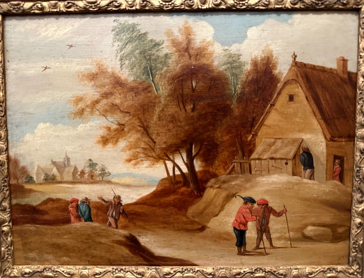 Tableau École Flamande Scène Villageoise Dans Le Goût De Thomas Van Apshoven XIXème-photo-2