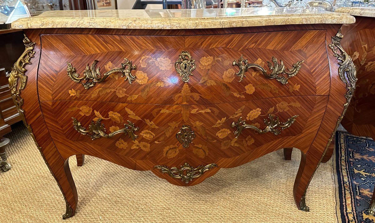 Importante Paire De Commodes Style Louis XV Marqueterie XXème-photo-6