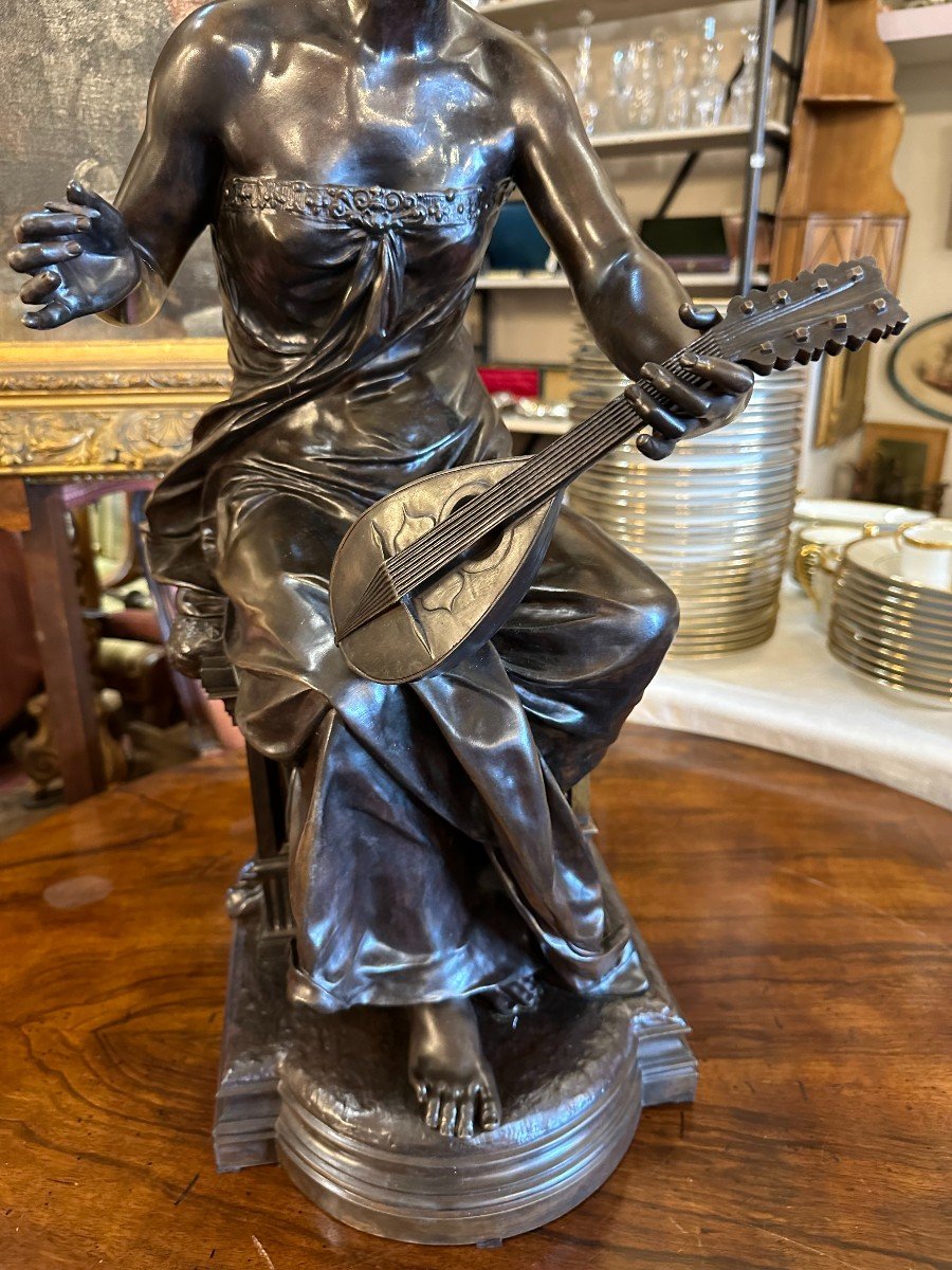 Important Bronze Femme Joueuse De Mandoline Par Luca Madrassi 70 Cm Fin XIXème-photo-3