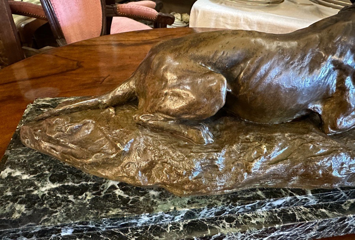 Bronze Lying Hunting Dog By églantine Lemaître Arthur Goldscheider Fondeur Circa 1900-photo-2