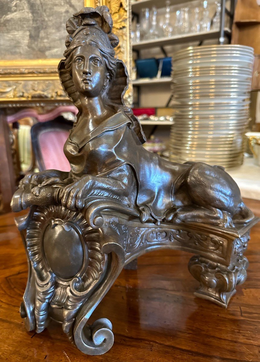 Importante Paire De Chenets En Bronze Aux Sphinges Style Régence époque Napoléon III 39 cm  -photo-1