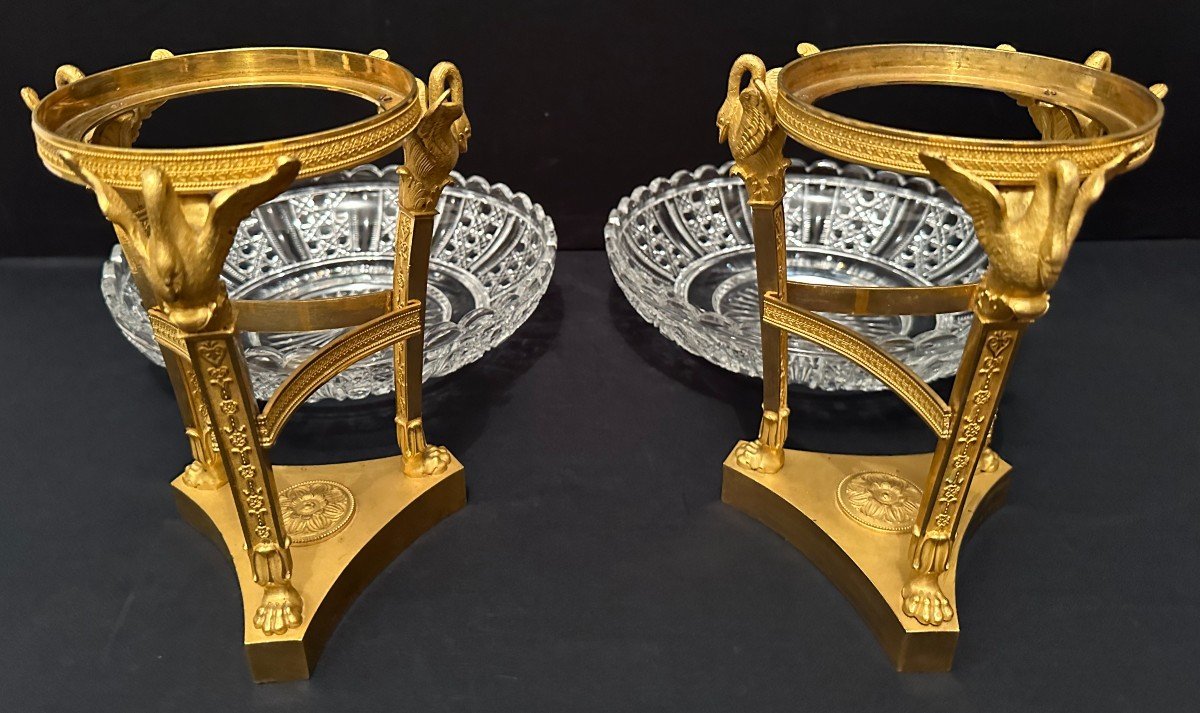 Thomire Pair Of Tazzas Cups With Swans Gilt Bronze And Crystal Empire Period-photo-4