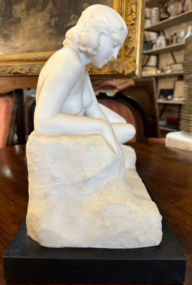 Important Art Deco Carrara Marble Sculpture Woman At The Source By L Morelli In Florence -photo-7