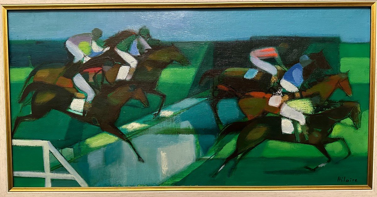 Camille Hilaire Tableau Course Hippique Jockeys Sautant La Rivière à Auteuil -photo-2