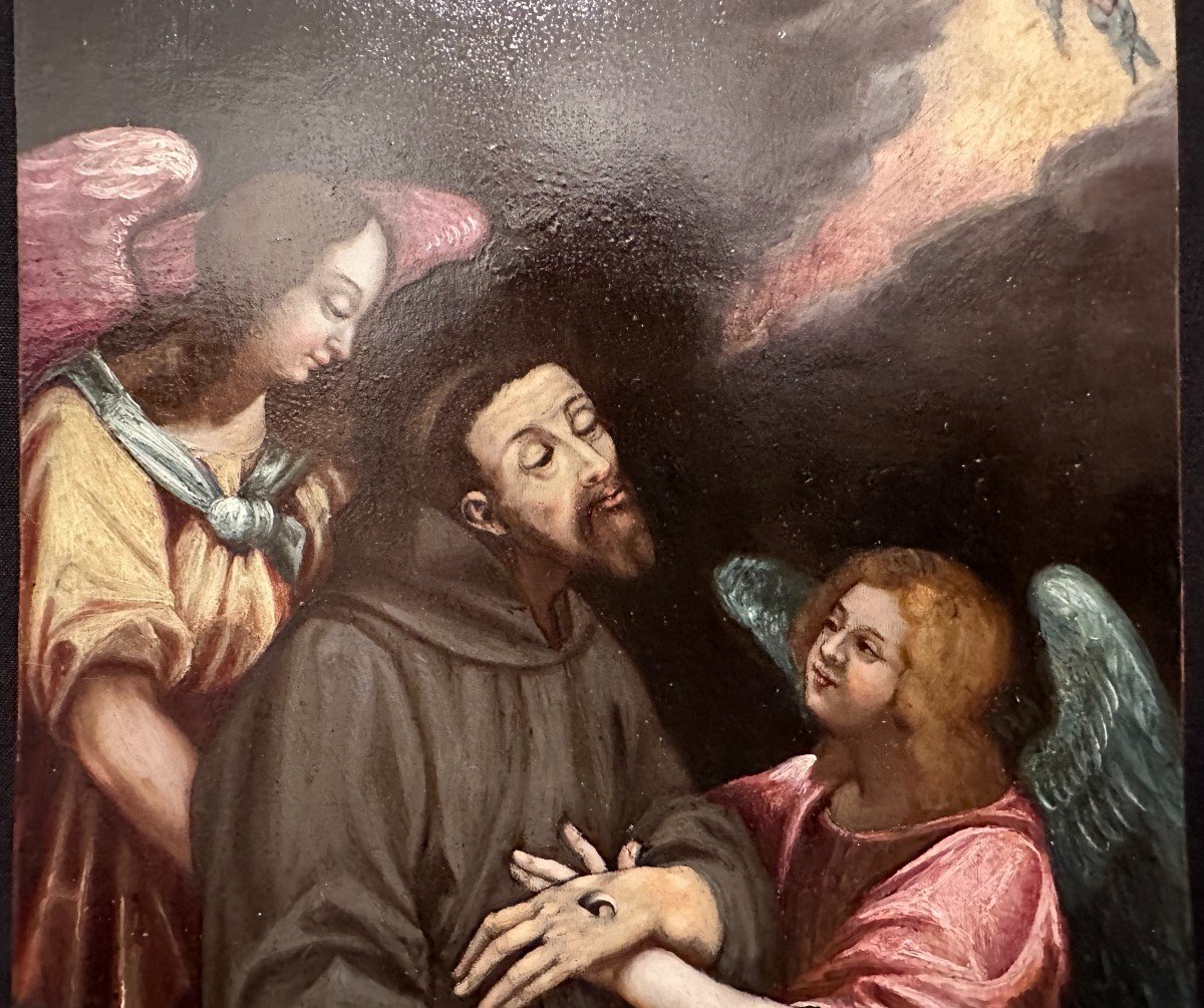 Huile Sur Cuivre  Saint François d'Assise Reçoit Les Stigmates  École Française  XVIIème-photo-3