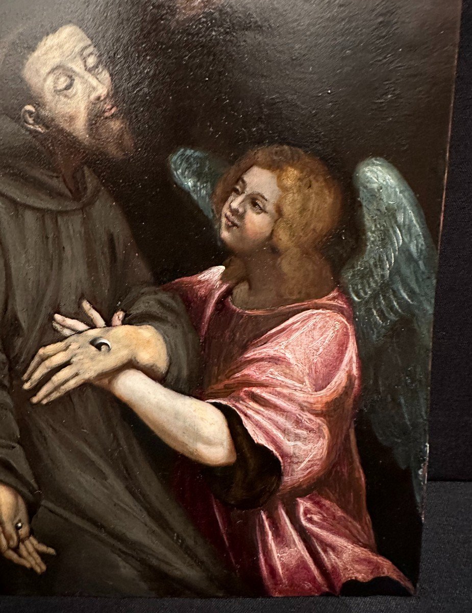 Huile Sur Cuivre  Saint François d'Assise Reçoit Les Stigmates  École Française  XVIIème-photo-3