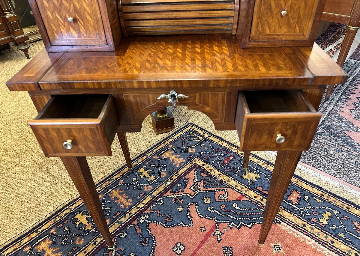 Petite Bureau De Dame à Système Marqueterie De Style Louis XVI Époque Napoléon III XIXème-photo-2
