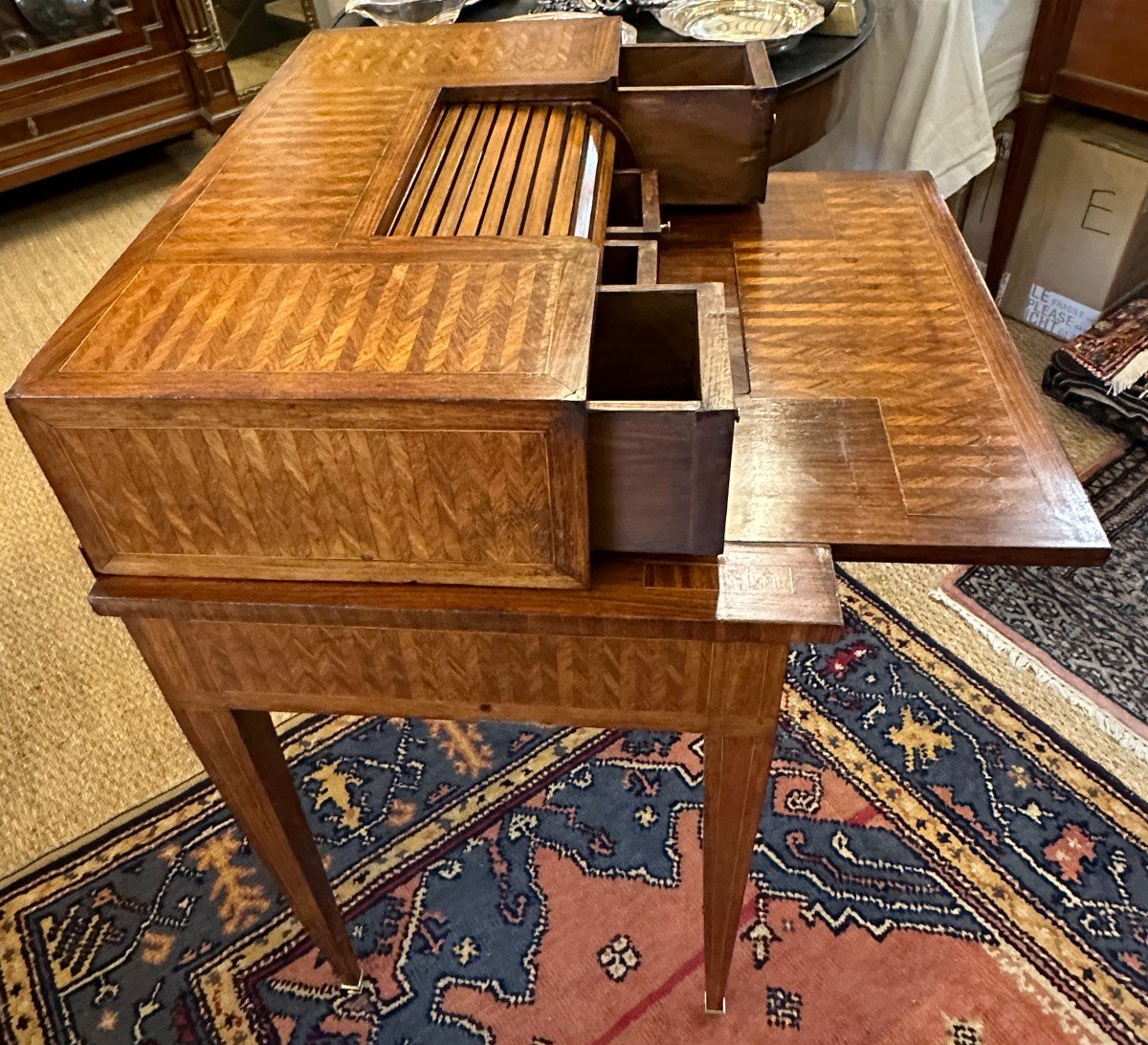 Petite Bureau De Dame à Système Marqueterie De Style Louis XVI Époque Napoléon III XIXème-photo-6