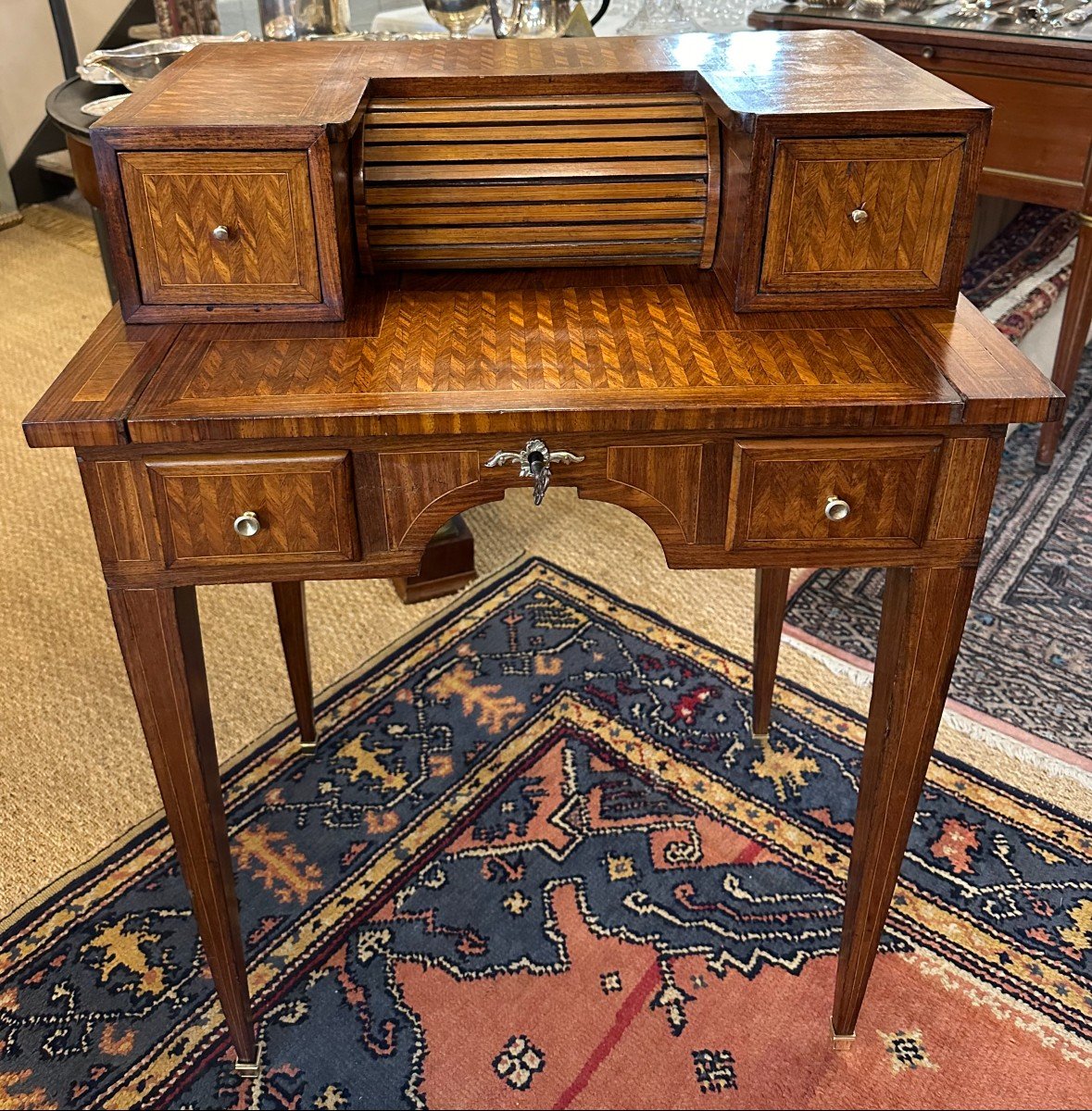 Petite Bureau De Dame à Système Marqueterie De Style Louis XVI Époque Napoléon III XIXème