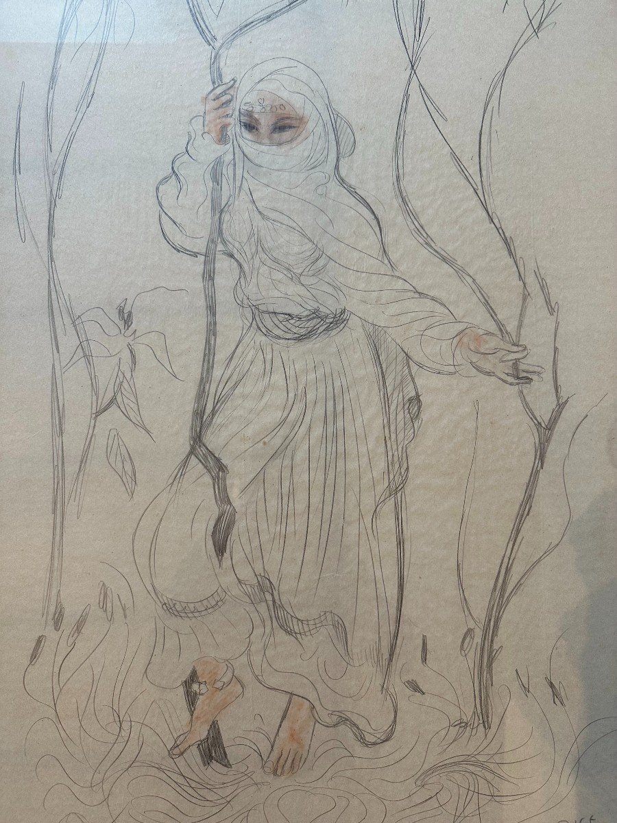 Large Orientalist Drawing Young Woman In Garden By B Rice 89 X 53 Cm XXth Century-photo-2