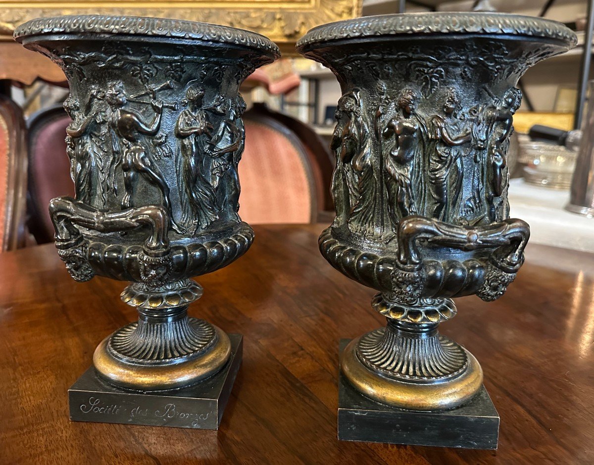 Pair Of Medici Vases In Antique Bronze Société Des Bronzes De Paris Founder Late 19th Century-photo-2