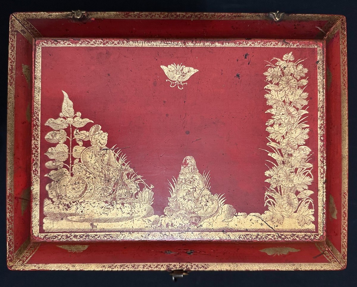 Boîte à Perruque Au Vernis Martin Or Sur Fond Rouge époque Louis XV XVIIIème-photo-2