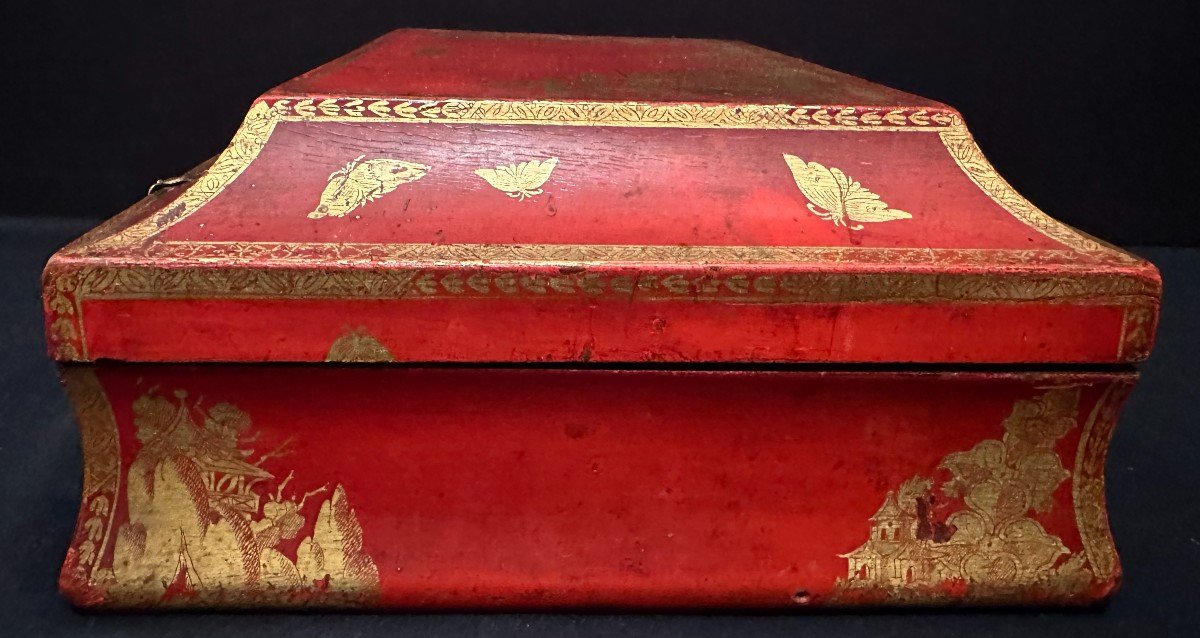 Boîte à Perruque Au Vernis Martin Or Sur Fond Rouge époque Louis XV XVIIIème-photo-3