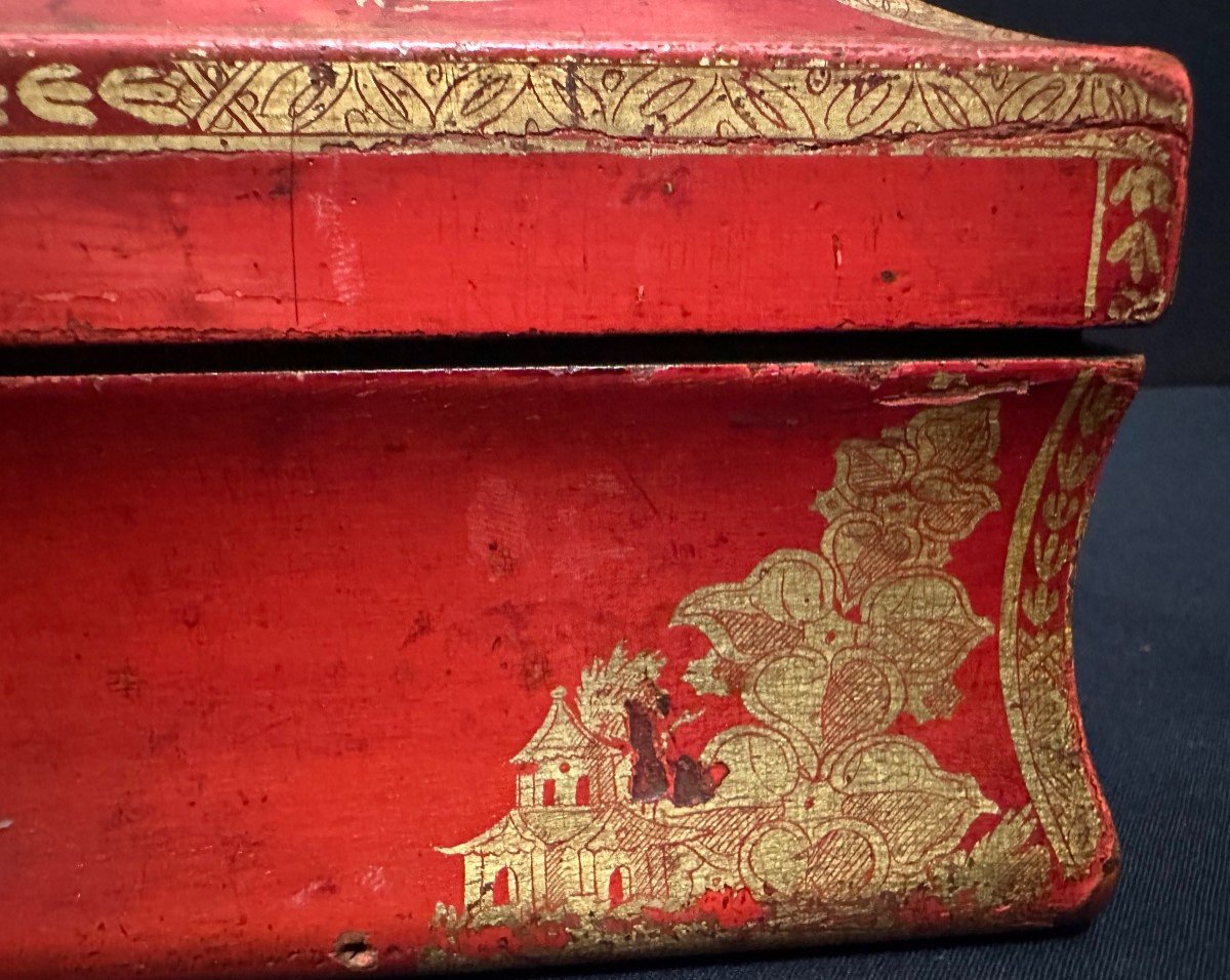 Boîte à Perruque Au Vernis Martin Or Sur Fond Rouge époque Louis XV XVIIIème-photo-4