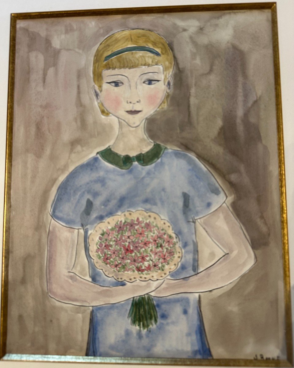 Aquarelle Peinture Naïve Jeune Fille Au Bouquet Par Jacqueline Benoit-photo-2