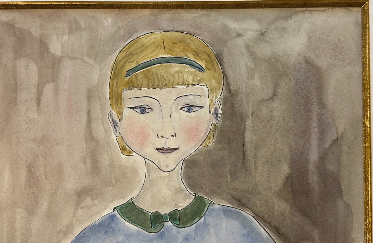 Aquarelle Peinture Naïve Jeune Fille Au Bouquet Par Jacqueline Benoit-photo-3