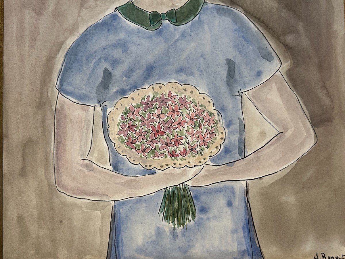 Aquarelle Peinture Naïve Jeune Fille Au Bouquet Par Jacqueline Benoit-photo-4