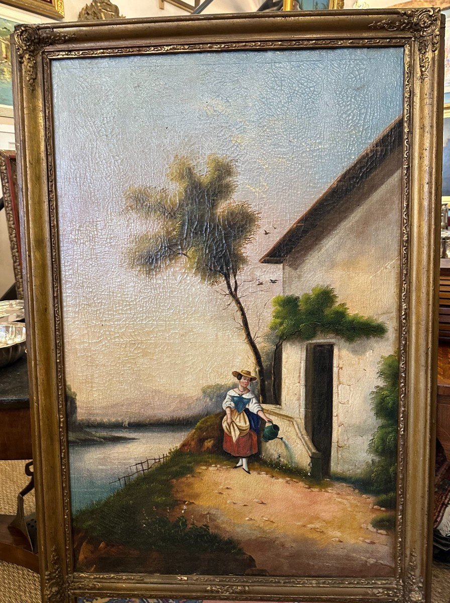 Trumeau Mirror Young Italian Woman With Watering Can Restoration Period Circa 1830-photo-2