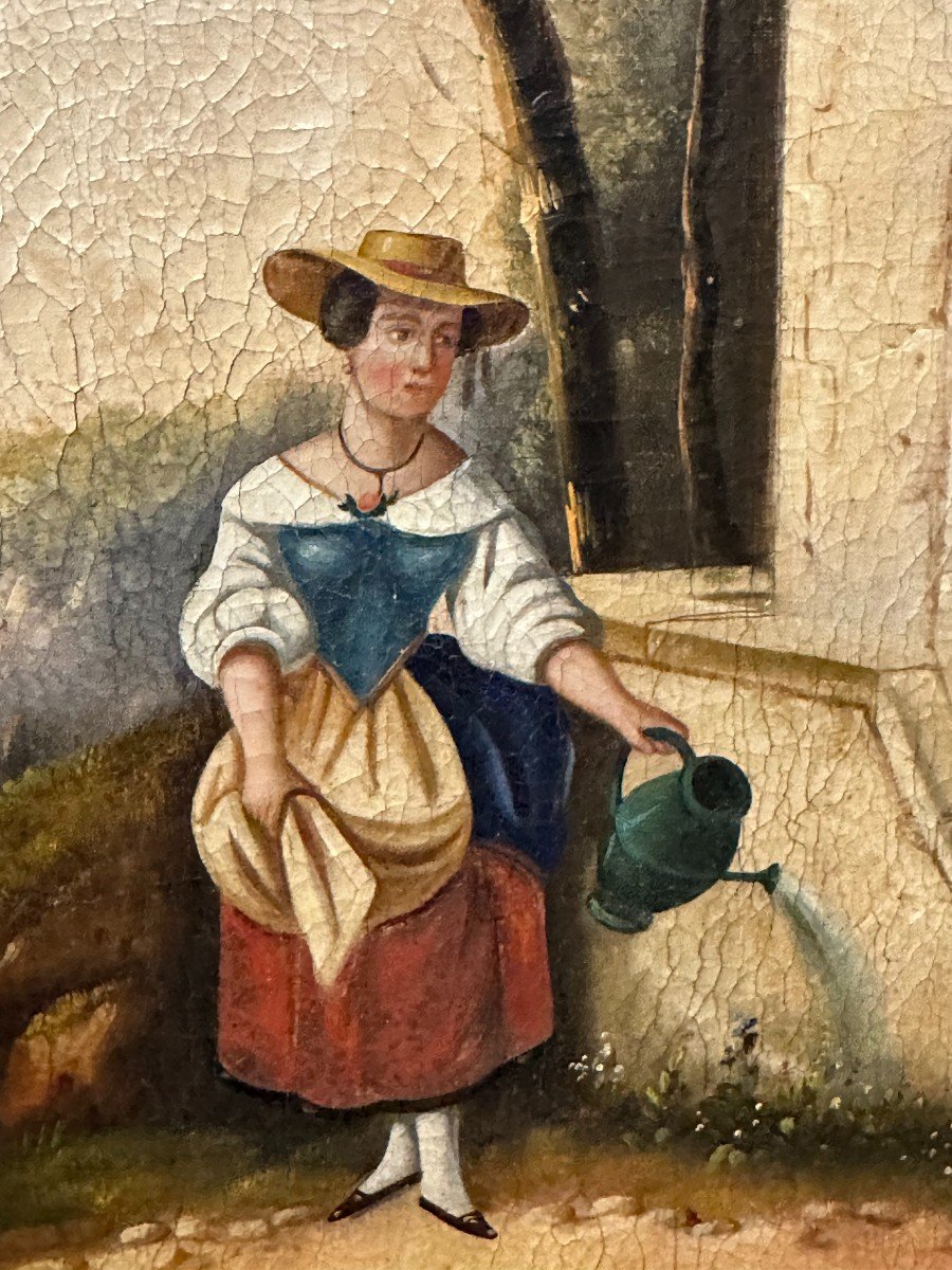 Trumeau Mirror Young Italian Woman With Watering Can Restoration Period Circa 1830-photo-1