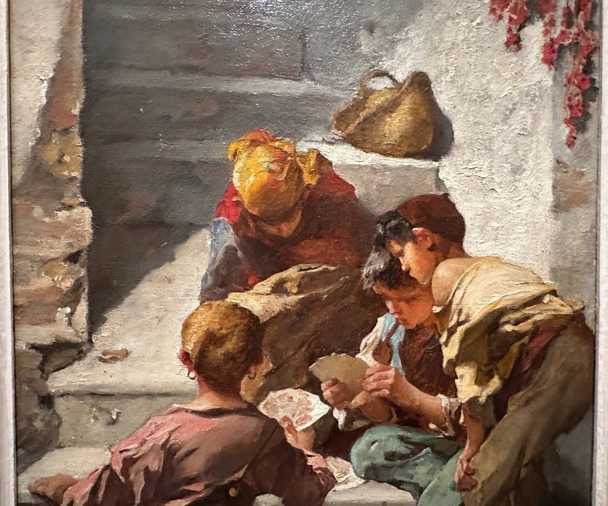 Painting Neapolitan Children Playing Cards On The Steps By François Reynaud End Of 19th Century-photo-4