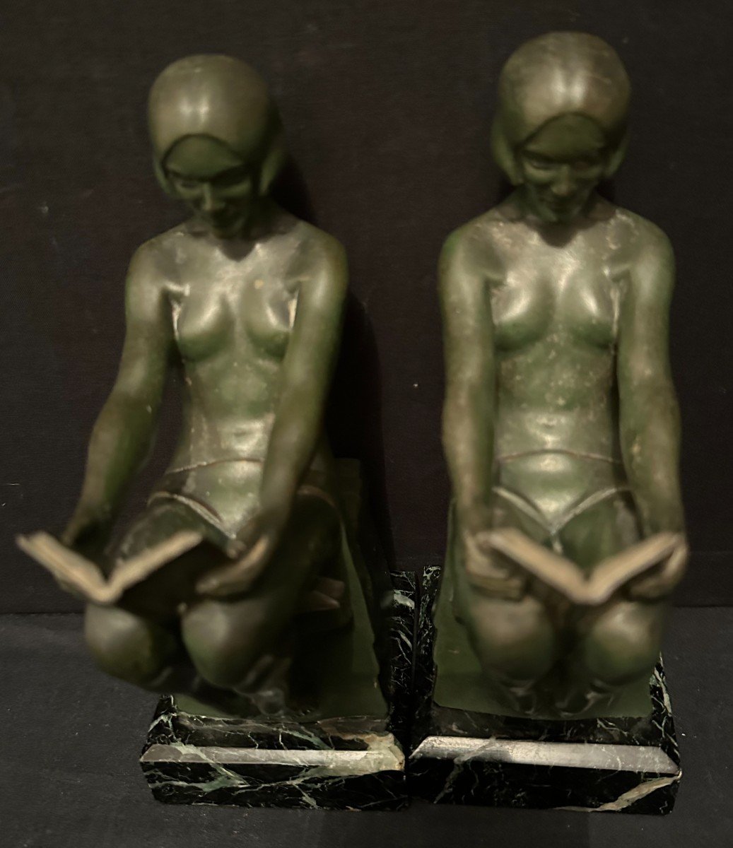 Max Le Verrier Pair Of Art Deco Bookends Nude Women Reading Relaxation Model Circa 1930-photo-4