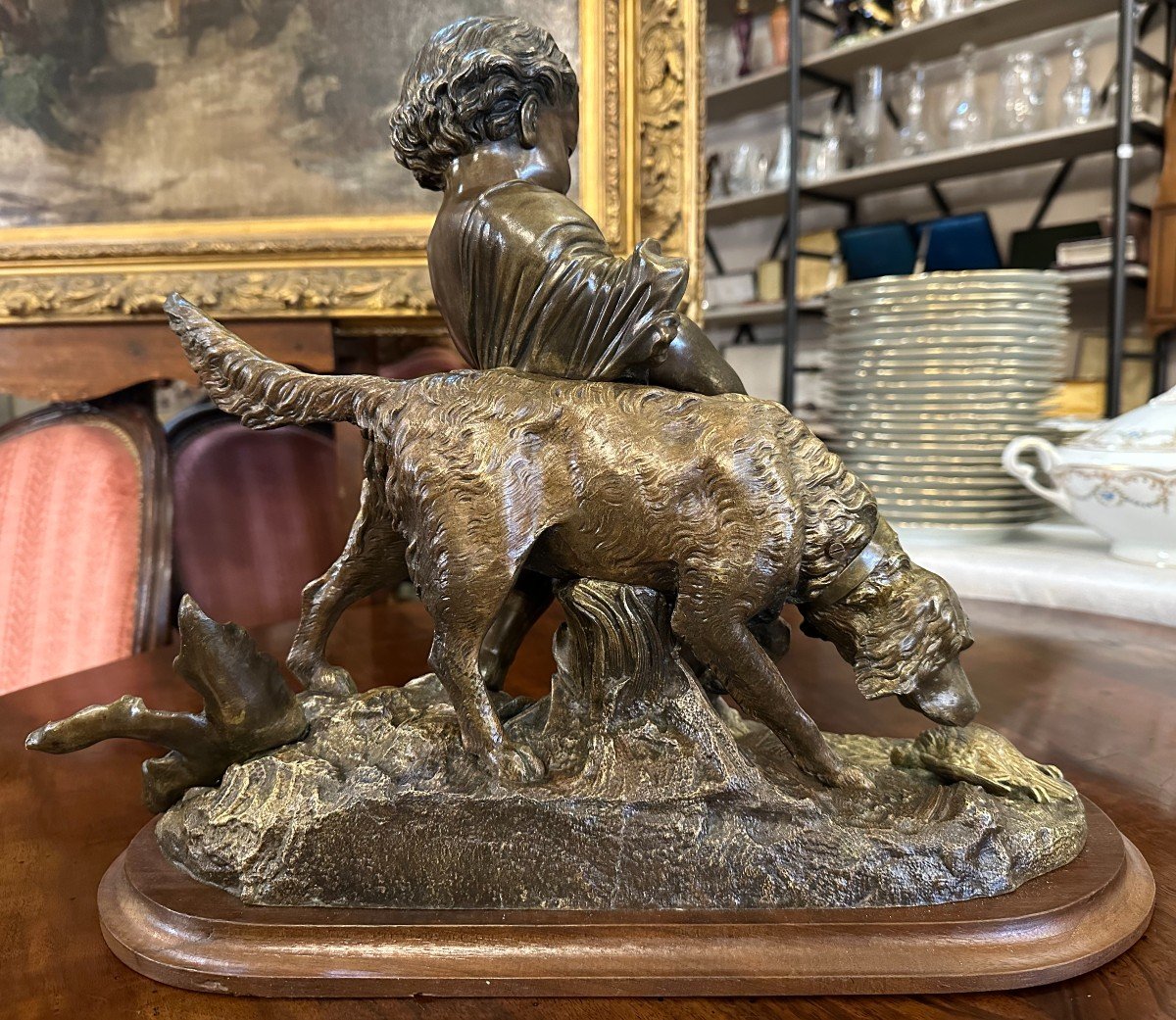 Bronze Enfant Retenant Son Chien De Chasse Devant Une Perdrix Par Auguste  Peiffer XIXème-photo-4