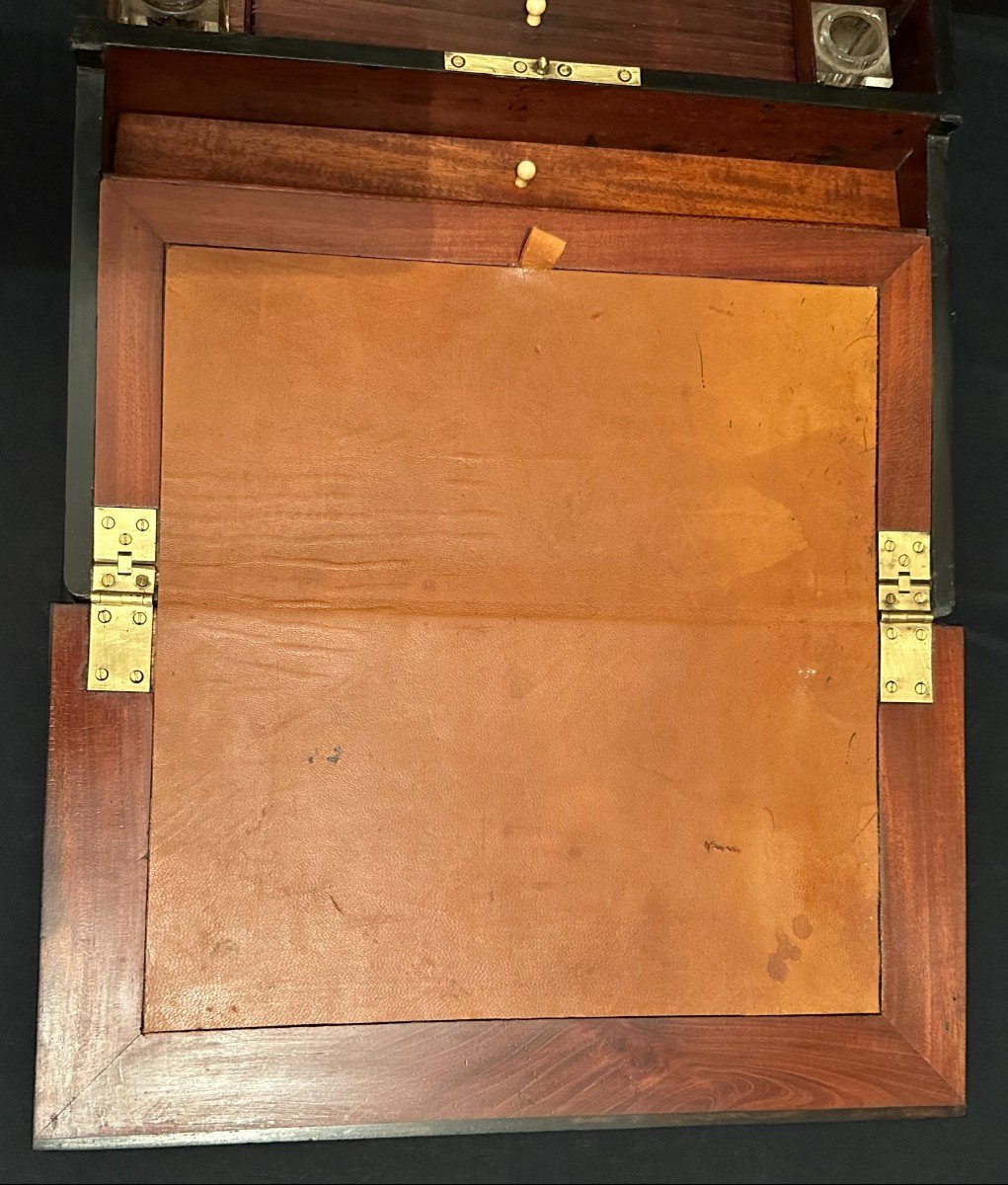 Écritoire De Voyage Marqueterie Thuya Bois Noirci Acajou Et Filets Laiton Époque Napoléon III-photo-2