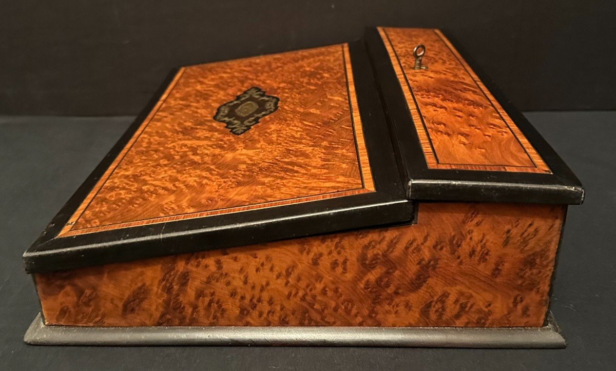 Écritoire De Voyage Marqueterie Thuya Bois Noirci Acajou Et Filets Laiton Époque Napoléon III-photo-5