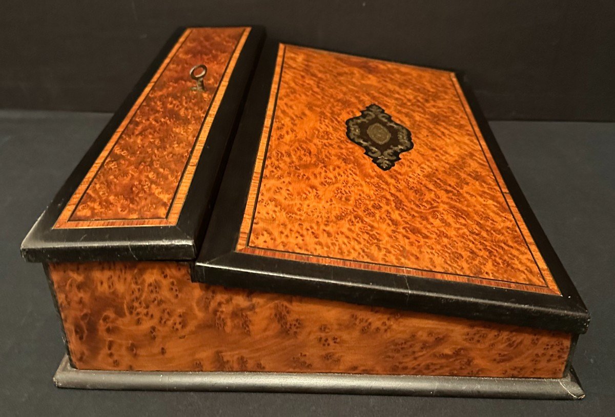 Écritoire De Voyage Marqueterie Thuya Bois Noirci Acajou Et Filets Laiton Époque Napoléon III-photo-7