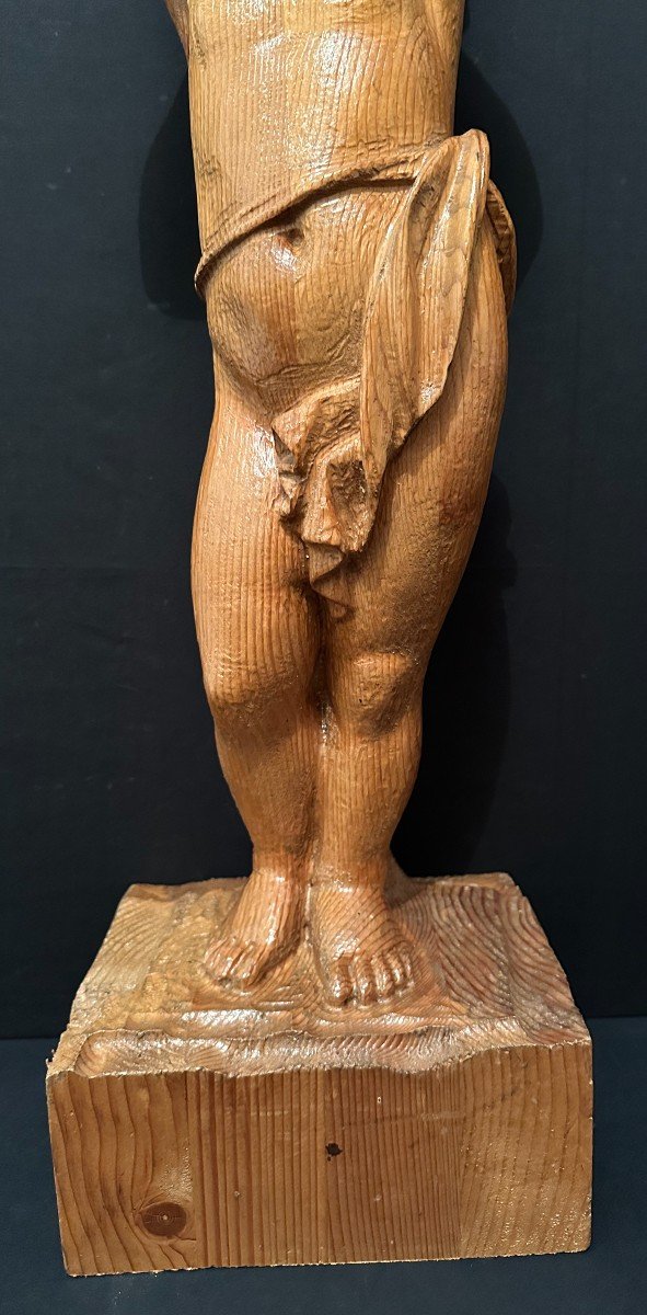 Statue Bois Sculpté Enfant Couronné Porte Chapiteau Corinthien Sapin XXème 87 Cm-photo-4