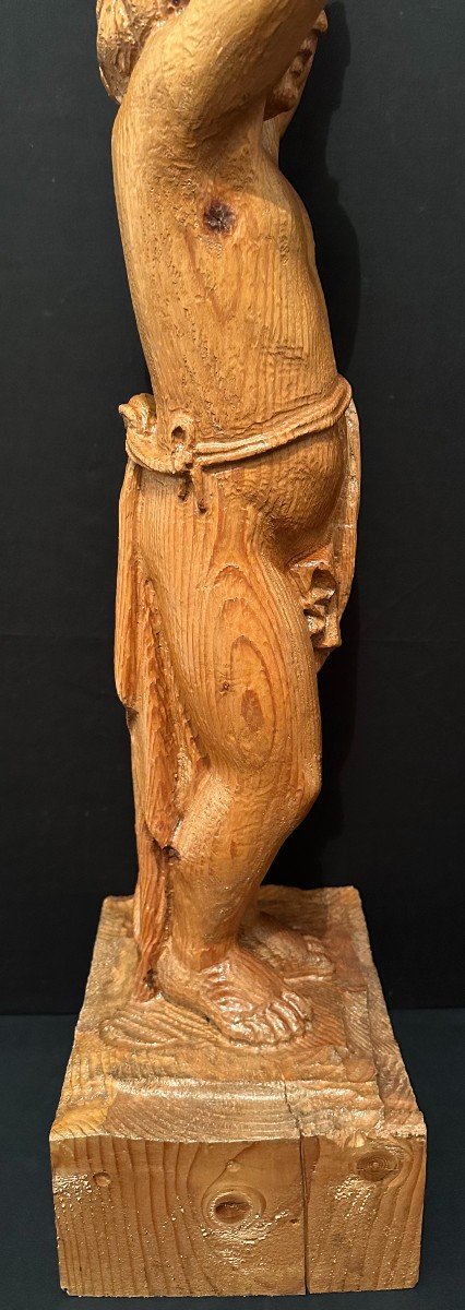 Statue Bois Sculpté Enfant Couronné Porte Chapiteau Corinthien Sapin XXème 87 Cm-photo-8