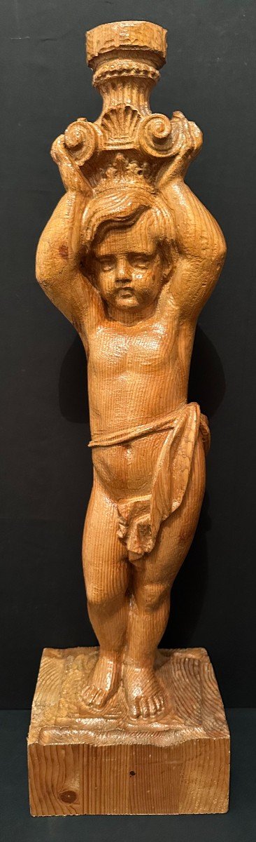 Statue Bois Sculpté Enfant Couronné Porte Chapiteau Corinthien Sapin XXème 87 Cm