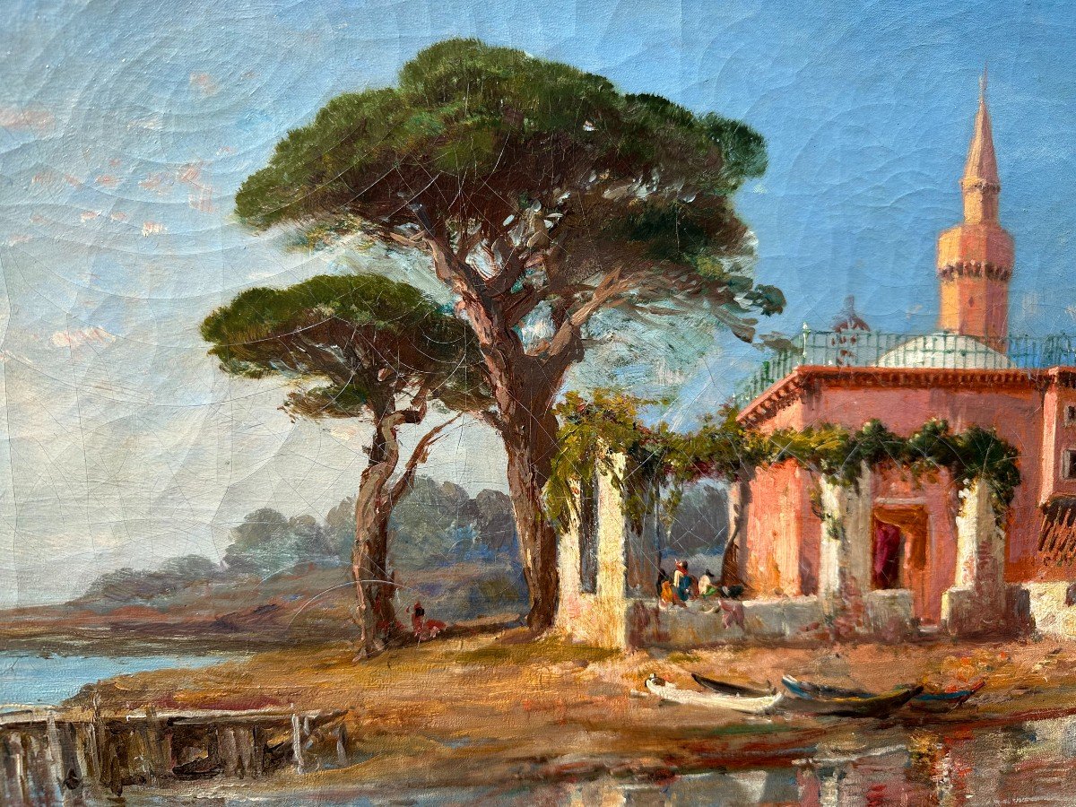 Grand Tableau Orientaliste Mosquée Sur Le Rivage XIXème-photo-4