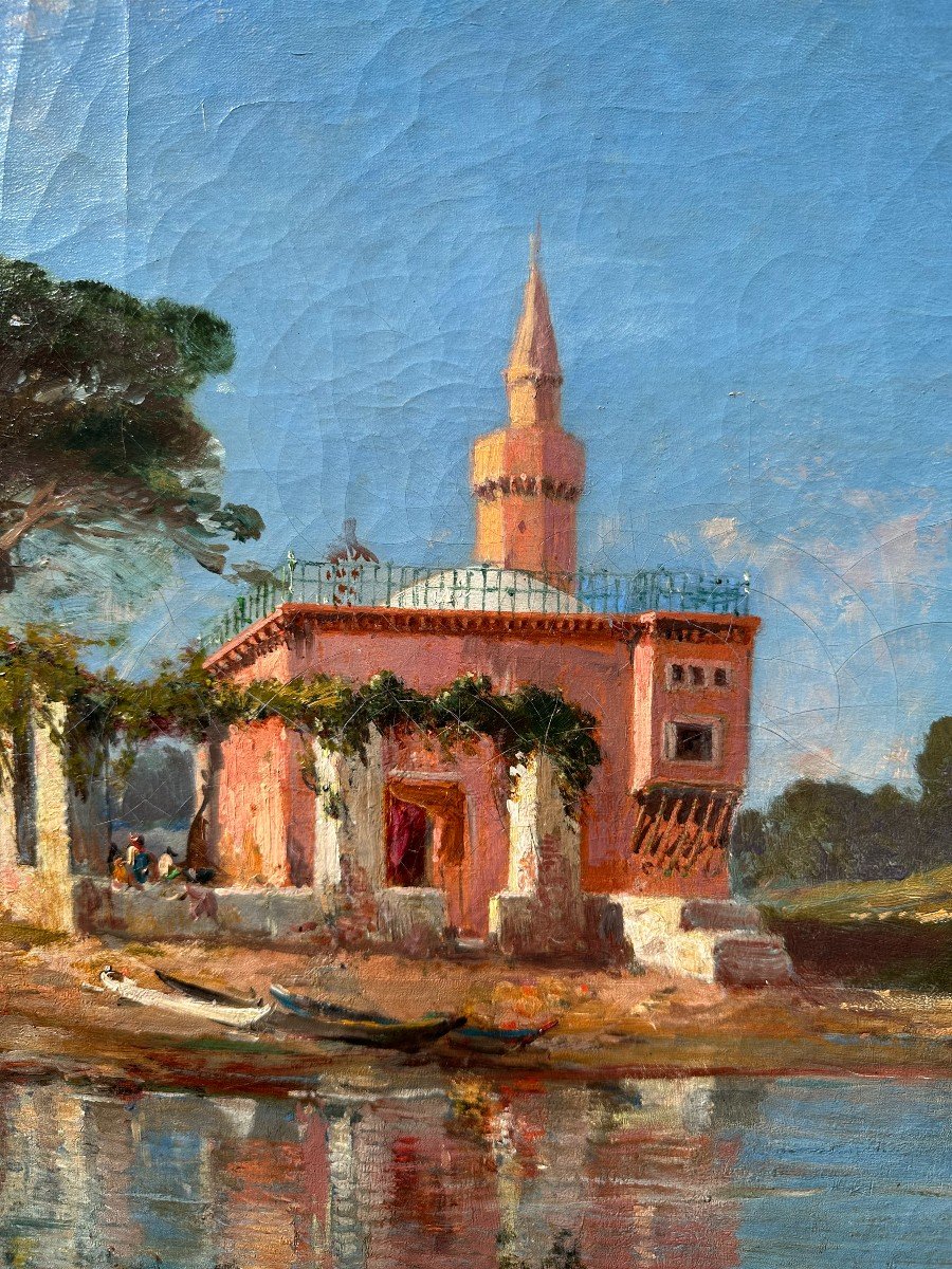 Grand Tableau Orientaliste Mosquée Sur Le Rivage XIXème-photo-6