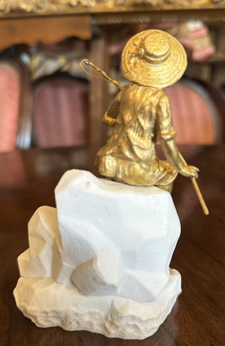 Young Fisherman Sculpture In Gilt Bronze On A Porcelain Rock By A Ouvet Circa 1900-photo-3