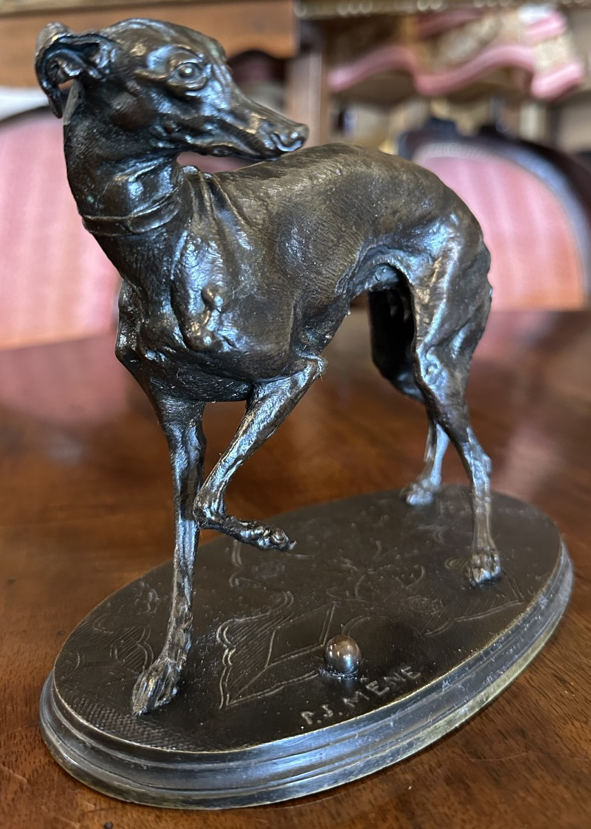 Bronze Sculpture Jiji Dog Greyhound With Ball By Pierre-jules Mêne 19th Century-photo-2