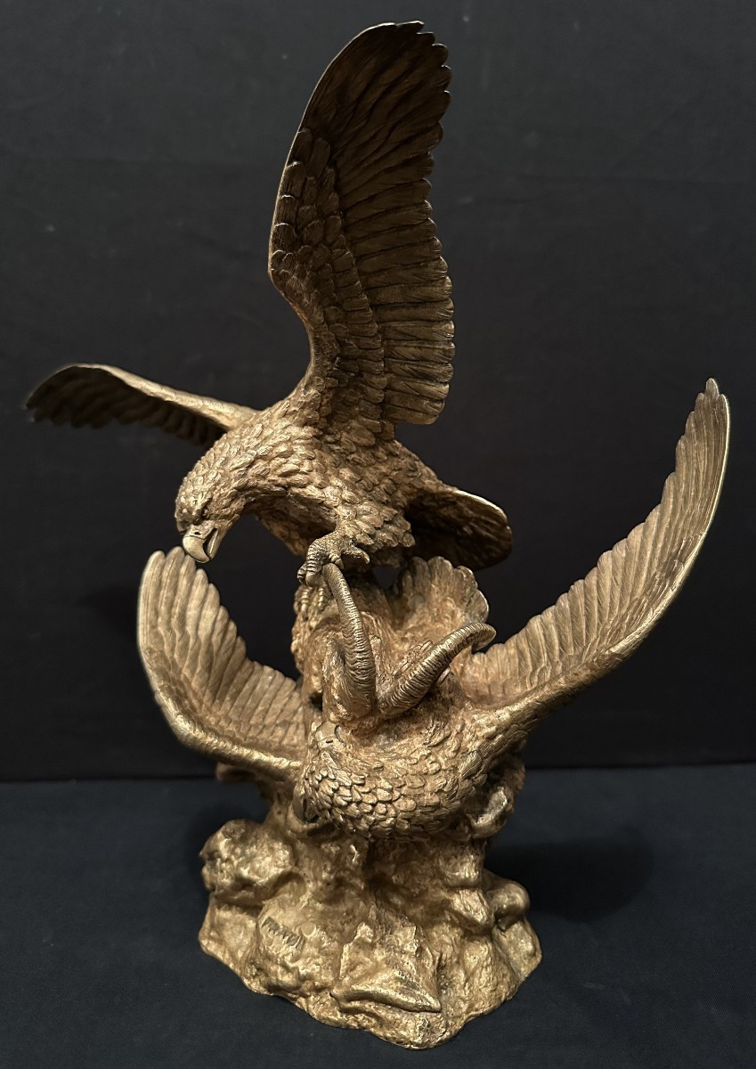 Sculpture Bronze Doré Combat d'Aigles Par Christophe Fratin  Alfred Daubrée Fondeur XIXème-photo-3